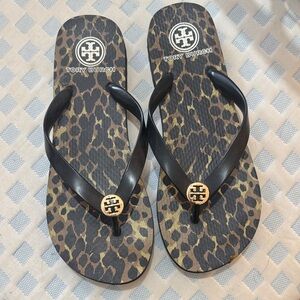 Tory Burch Black and Brown Leopard Flip Flops